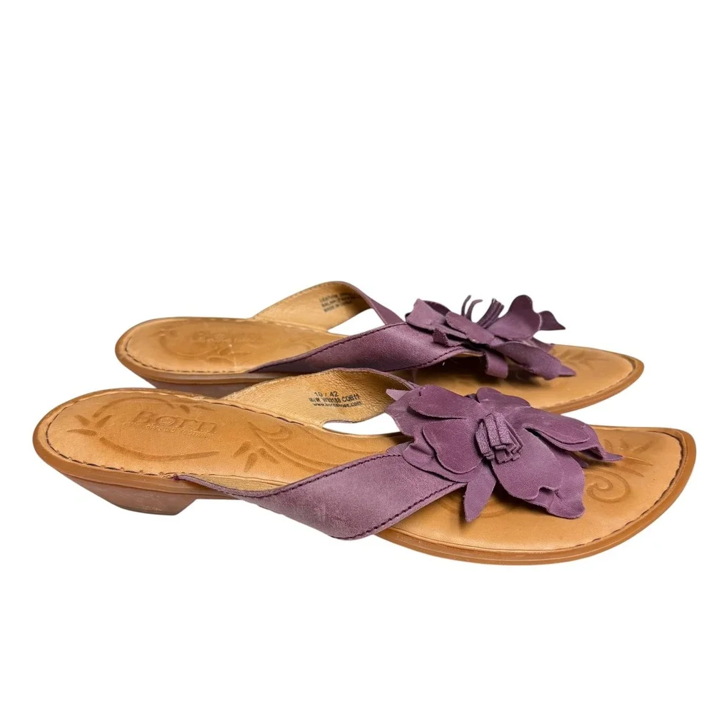 Born Womens Purple Leather Flower Thong Sandals W92188 Low Wedge Size 10 42